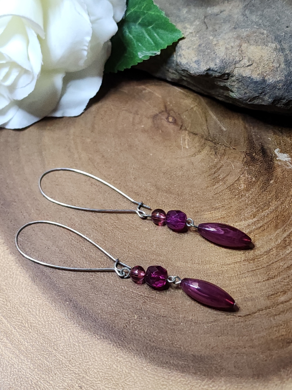 Boho Purple Bead Dangle Drop Wire Earrings